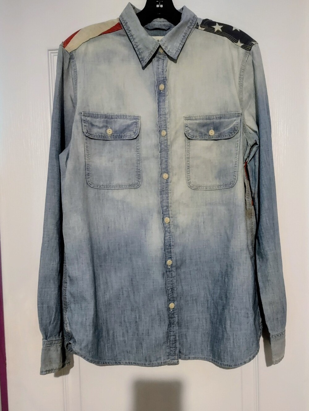Women's Ralph Lauren Light Wash Shirt with Star-Stripe Detail. Sz M